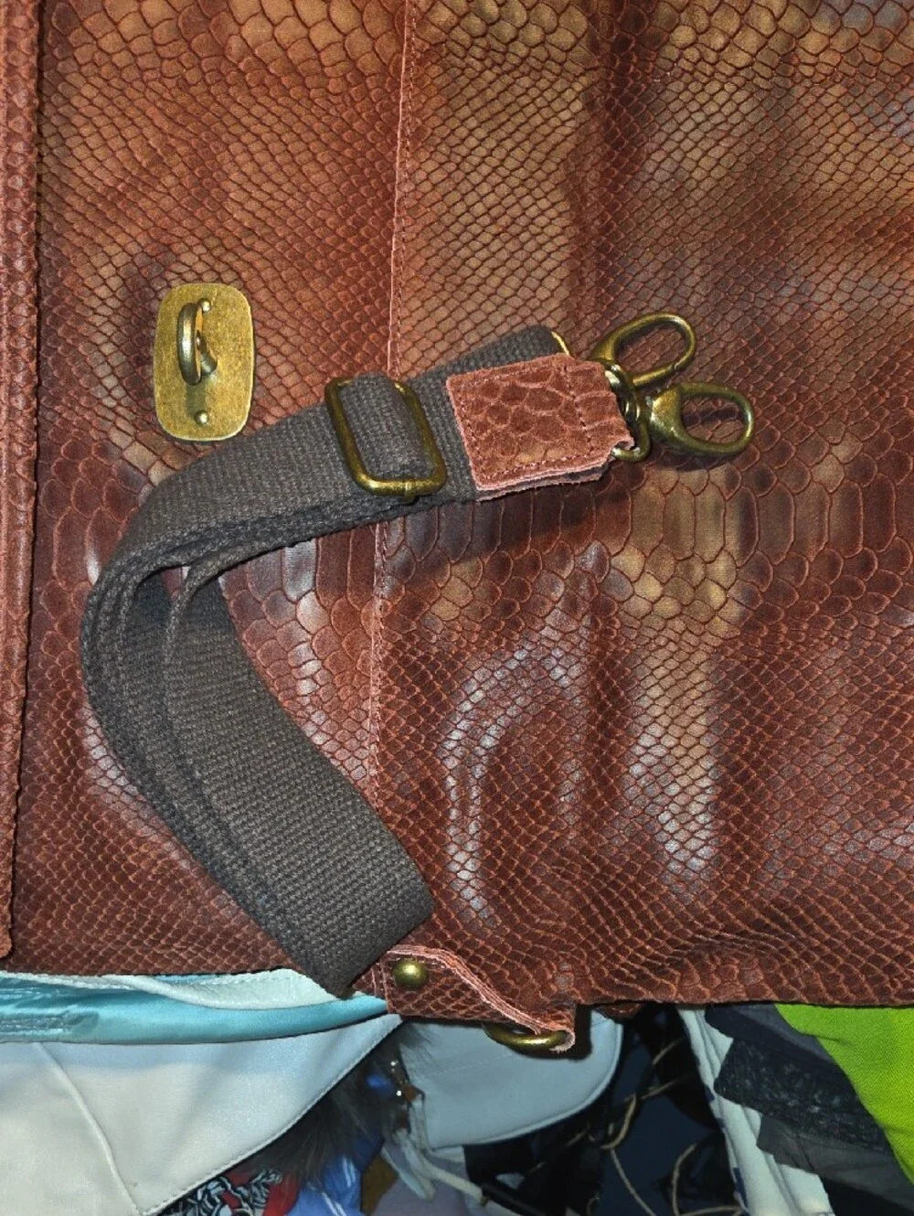 Men's Cognac Textured Leather Messenger Bag with Turn-Lock
